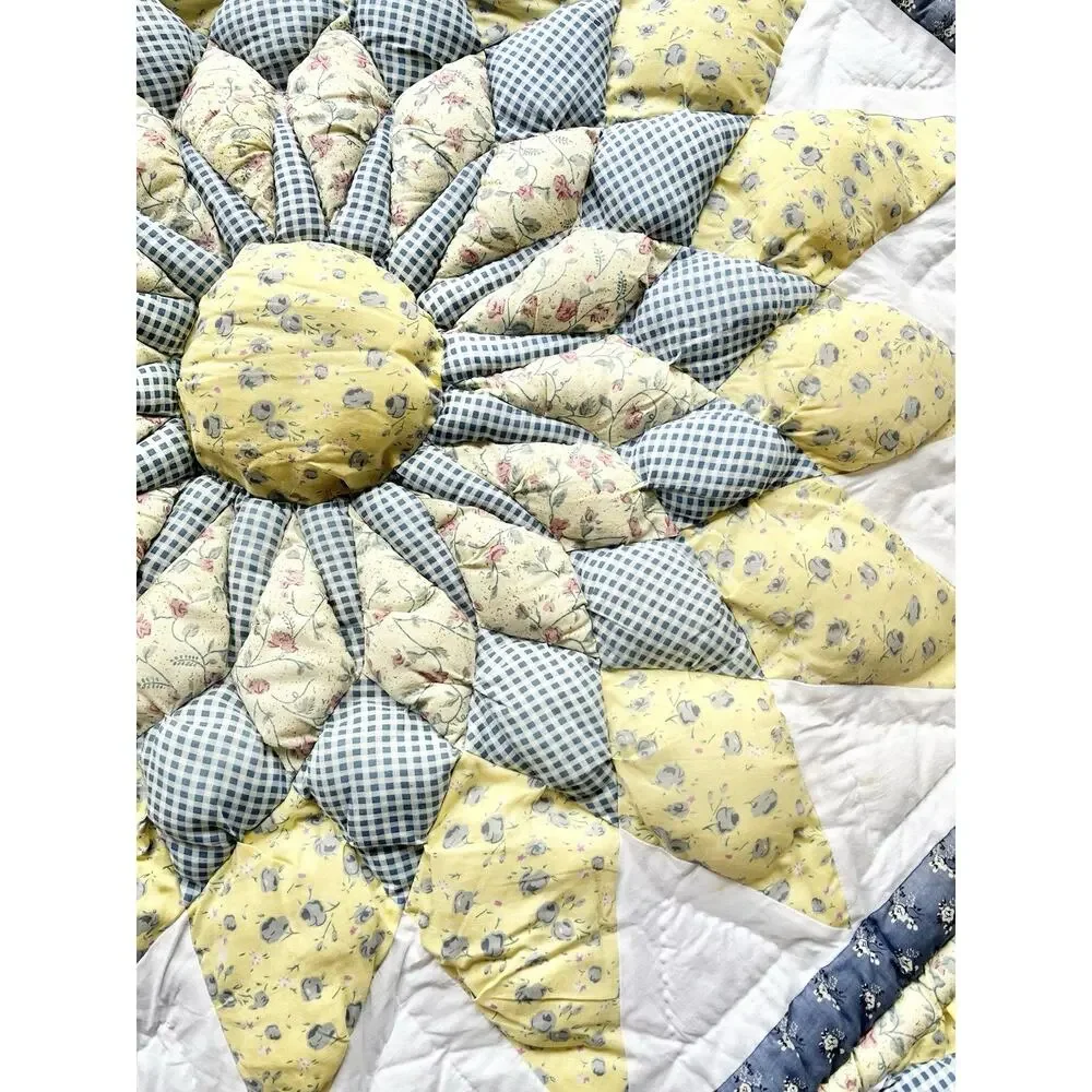 1990s Vintage Handmade Quilt Comforter Blanket 68”X86” Twin Yellow Blue Star Sun